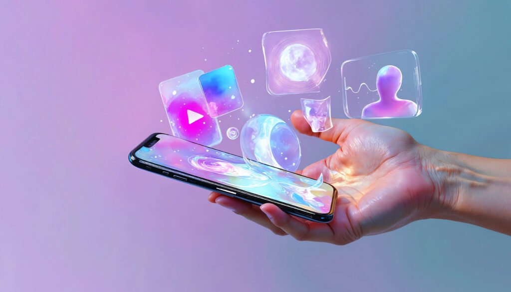 Mão segurando um smartphone de onde emergem elementos digitais holográficos translúcidos, como ícones de vídeo, avatar de usuário, formas abstratas e uma esfera luminosa. A cena utiliza tons em degradê rosa, lilás e azul, representando inovação, tecnologia, marketing digital, produção de conteúdo e experiências digitais interativas.