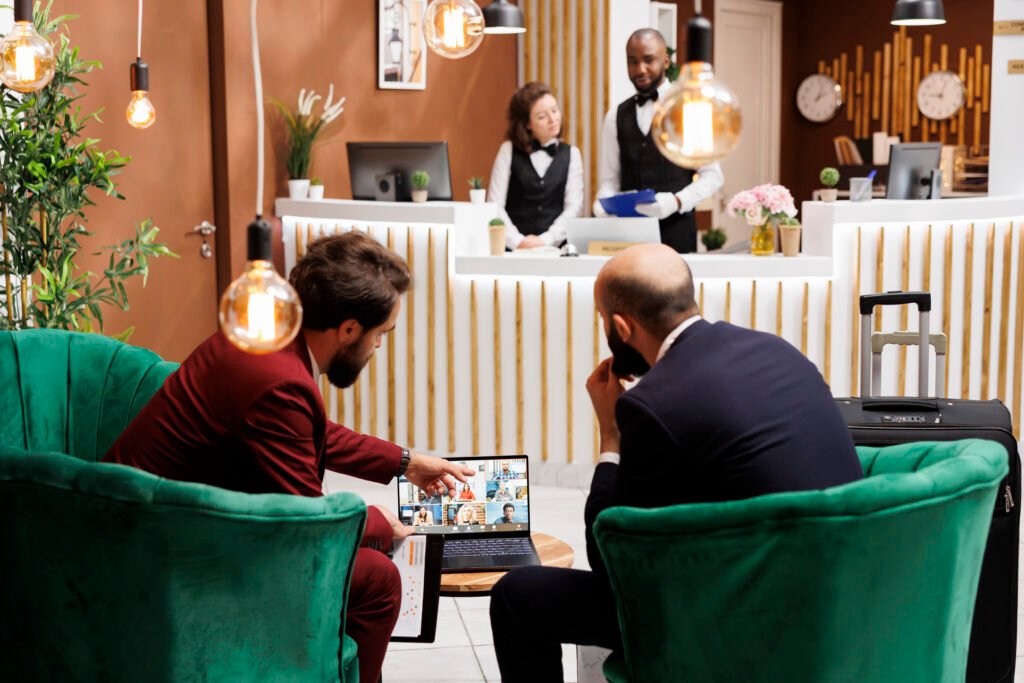 Dois homens de negócios sentados em poltronas verdes em um elegante lobby de hotel observam um notebook aberto sobre uma mesa de centro. Ao fundo, recepcionistas uniformizados atendem na recepção, enquanto uma mala de viagem está posicionada próxima aos assentos. O ambiente possui iluminação aconchegante com lâmpadas pendentes decorativas, elementos em madeira e decoração sofisticada, transmitindo conforto, profissionalismo e hospitalidade.
