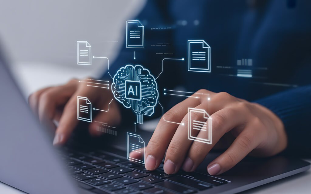 Pessoa digitando em um notebook enquanto uma interface digital exibe um cérebro com a sigla “AI” conectado a documentos virtuais, representando inteligência artificial, processamento de informações e uso de ferramentas de IA no marketing digital.