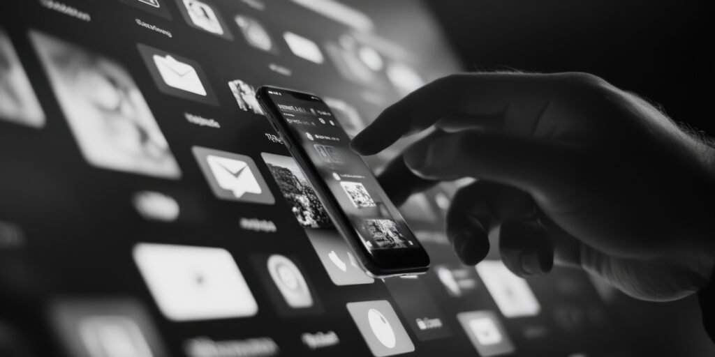 Pessoa utilizando um smartphone diante de uma interface digital com diversos aplicativos e ícones de comunicação, representando a construção de uma presença digital forte para marcas e empresas.
