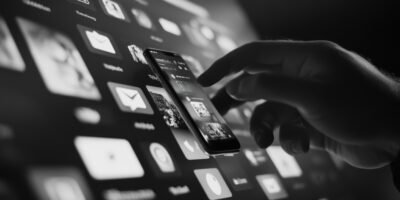 Pessoa utilizando um smartphone diante de uma interface digital com diversos aplicativos e ícones de comunicação, representando a construção de uma presença digital forte para marcas e empresas.