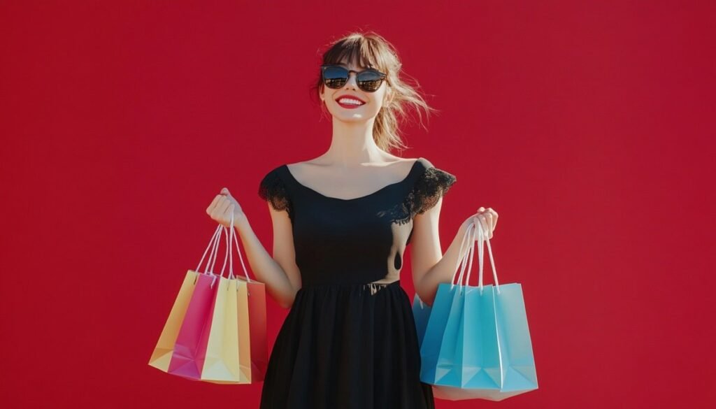 mulher sorridente, com várias sacolas de compras coloridas das promoções de black friday