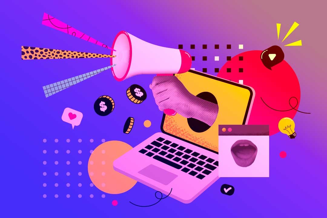 A imagem representa o conceito de marketing digital de forma criativa e colorida. Ela exibe diversos elementos característicos dessa área, como um megafone, ícones de redes sociais, um laptop e gráficos de análise de dados, elementos que fogem da invisibilidade.