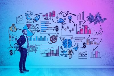 A imagem retrata um profissional de negócios, de terno, desenhando ou analisando um grande painel com diversos elementos visuais que representam estratégias e indicadores de performance.