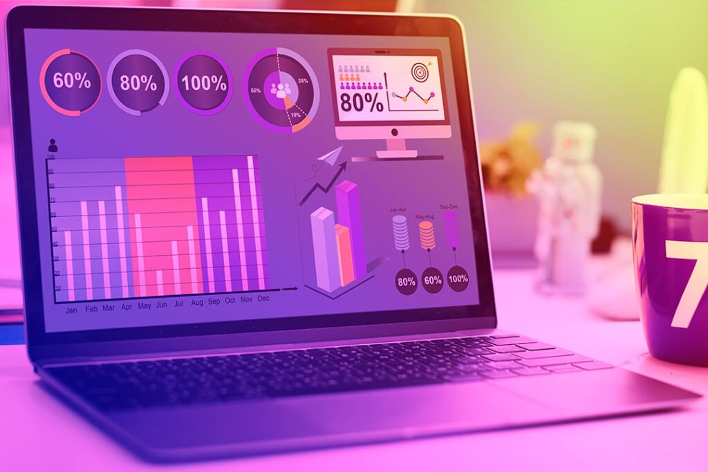 notebook aberto com gráficos e resultado de roas