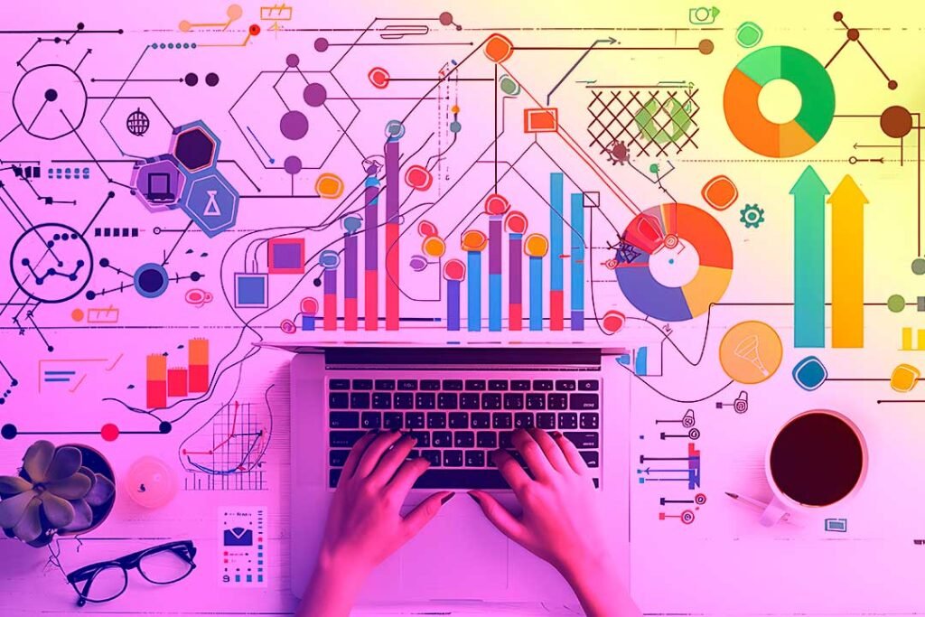 vista aérea de uma pessoa utilizando um laptop, cercada por uma infinidade de gráficos coloridos e ícones que representam dados de marketing