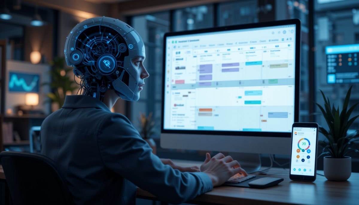 IA futurista analisando fluxos de trabalho e indicadores em tempo real, representando produtividade e automação nos negócios.