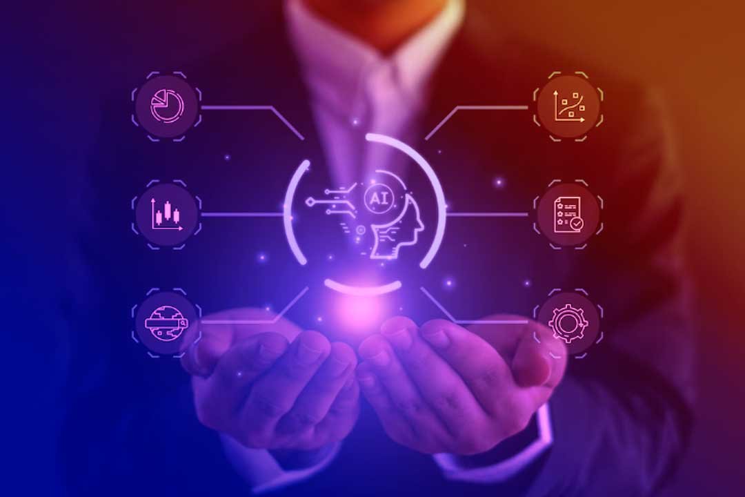 Executivo interage com holograma de IA para vendas, representando análise de dados, automação e inteligência corporativa.