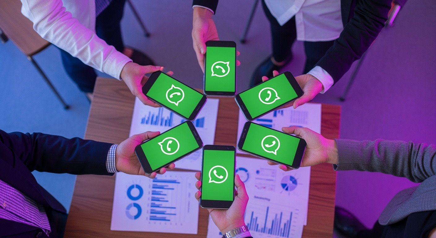 Pessoas seguram seus celulares com a tela exibindo o ícone verde do WhatsApp, em um ambiente corporativo com gráficos coloridos e papéis de planejamento sobre a mesa. A imagem representa a colaboração estratégica entre equipes no uso da IA no atendimento no WhatsApp