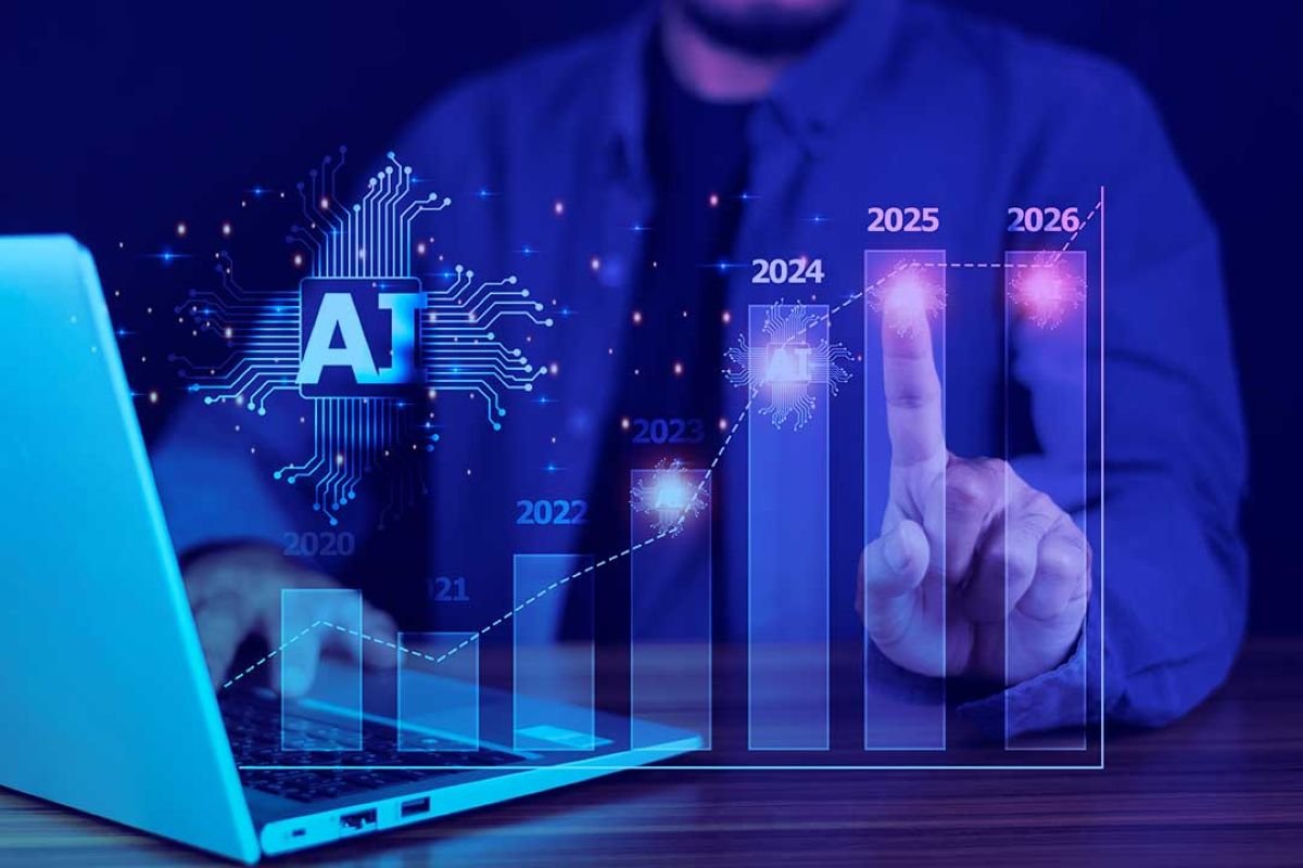 Pessoa utilizando notebook com gráfico digital crescente de 2020 a 2026 e ícone de inteligência artificial (IA), simbolizando o crescimento da automação de marketing e tecnologia.