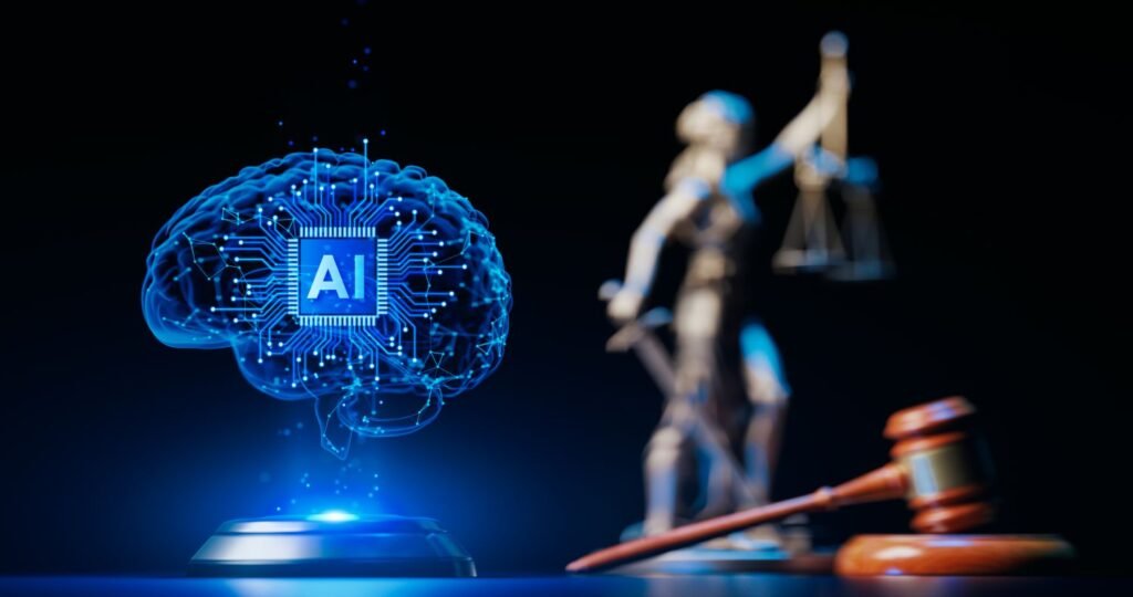 Inteligência artificial no Direito: cérebro digital com circuitos, balança da justiça Inteligência artificial no Direito: cérebro digital com circuitos, balança da justiça e martelo do juiz representam a IA jurídica.