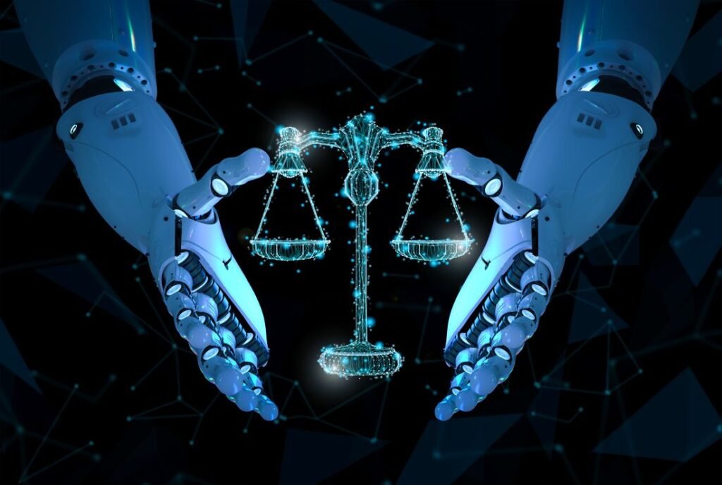 Representação da IA no Direito com braços robóticos segurando balança digital, simbolizando automação na advocacia.
