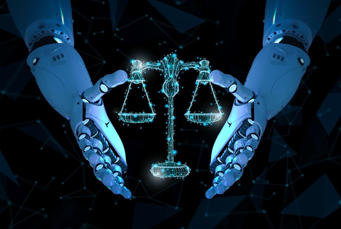 Representação da IA no Direito com braços robóticos segurando balança digital, simbolizando automação na advocacia.