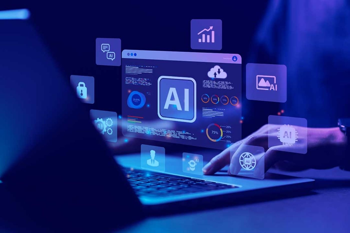 Pessoa usando IA para criar apresentações com gráficos e dados em um notebook, representando tecnologia e produtividade.