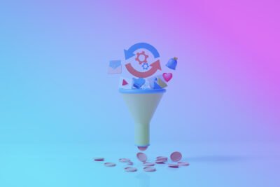 Ilustração de funil de vendas de marketing digital com ícones de engrenagens, emails, coração e moedas, representando a jornada de aquisição, nutrição e conversão de leads em clientes.