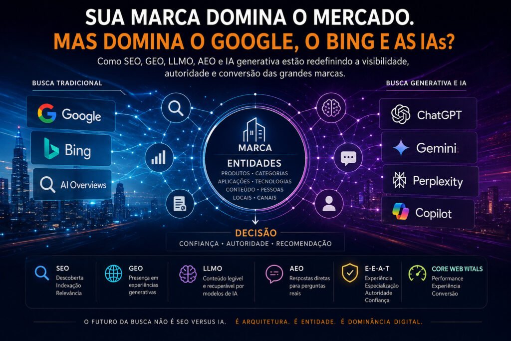 Diagrama de arquitetura de dominância digital mostrando a conexão entre Google, Bing, AI Overviews, ChatGPT, Gemini, Perplexity e Copilot através de entidades, SEO, GEO, LLMO, AEO, E-E-A-T e Core Web Vitals.