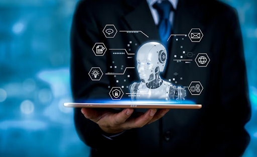 Homem de terno segurando tablet com holograma de inteligência artificial e ícones de automação de processos empresariais