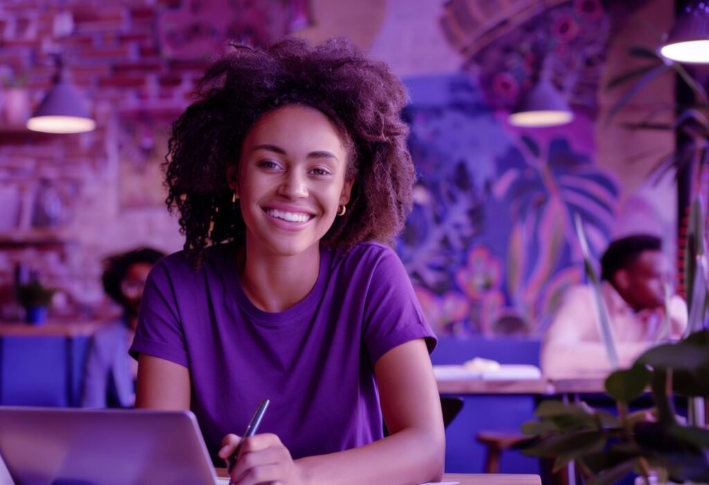 Young marketing professional smiling while working on a laptop in a modern coworking space, representing AI-powered digital marketing, innovation, and business growth in Brazil.