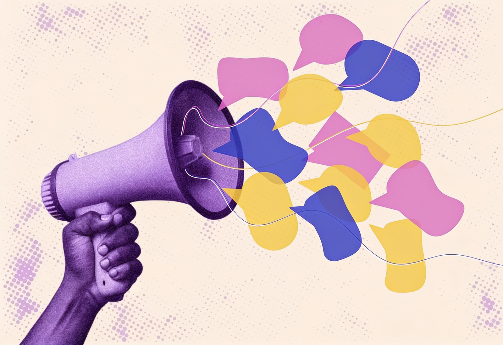 Hand holding a megaphone with colorful speech bubbles representing digital advertising, audience engagement, online communication, and Google Ads campaigns.