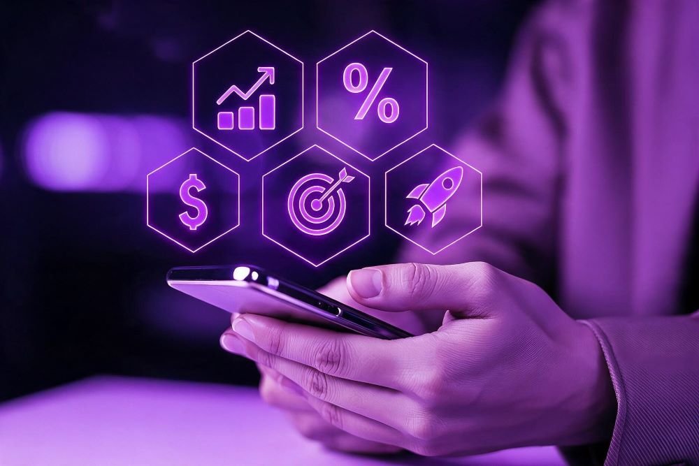 Person using a smartphone with digital business icons representing budgeting, ROI, business growth, and digital marketing investment in Brazil.