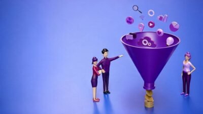 3D illustration of a marketing funnel converting digital marketing channels into leads, revenue, and business growth through marketing strategies in Brazil.