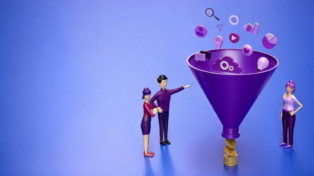 3D illustration of a marketing funnel converting digital marketing channels into leads, revenue, and business growth through marketing strategies in Brazil.