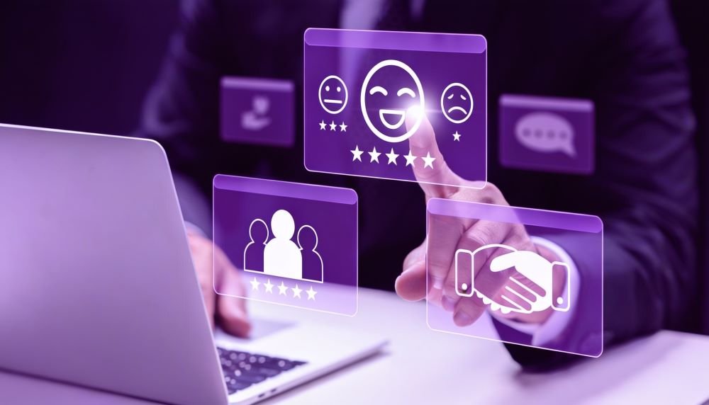 Business professional using a laptop while interacting with a digital customer satisfaction dashboard featuring five-star ratings and customer experience management icons.