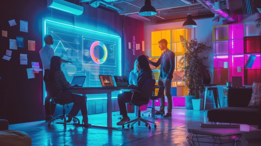 Marketing team collaborating in a modern office while analyzing digital dashboards and performance metrics during a marketing automation strategy meeting.