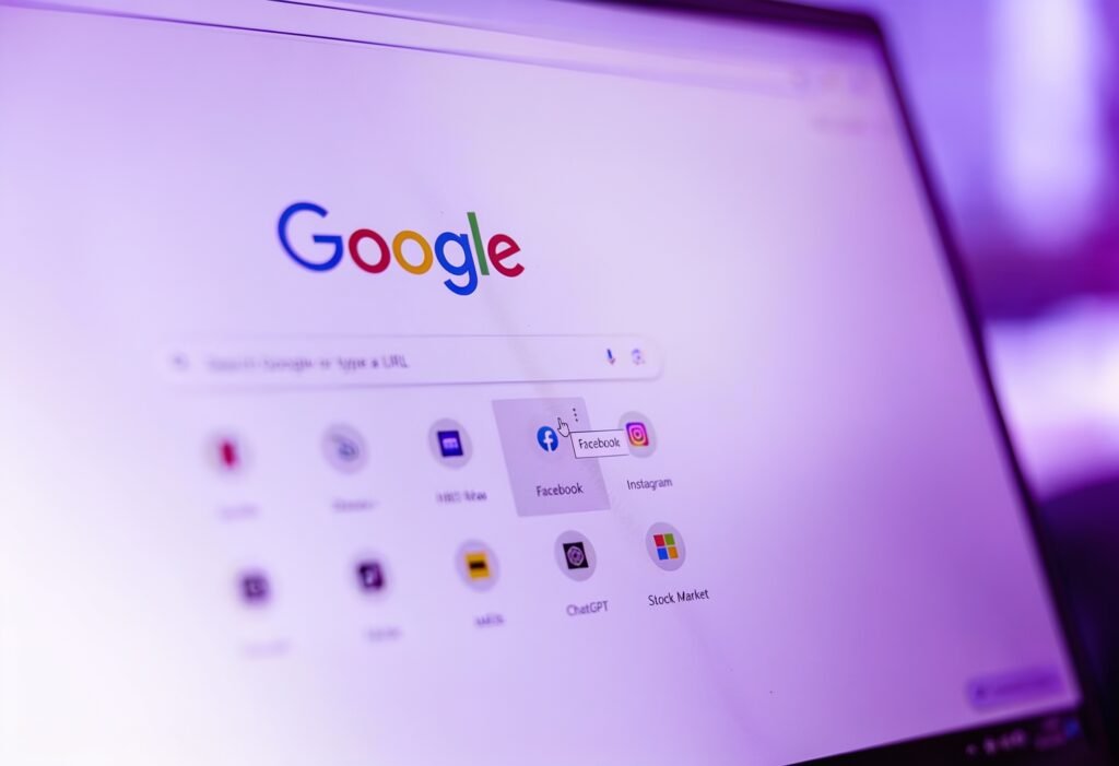 Close-up of a computer screen displaying the Google homepage, representing SEO strategy, search engine optimization, and digital marketing services in Brazil.